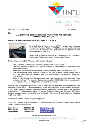 FEEDBACK: TRANSNET PIPELINES(TPL) SHIFT ALLOWANCE