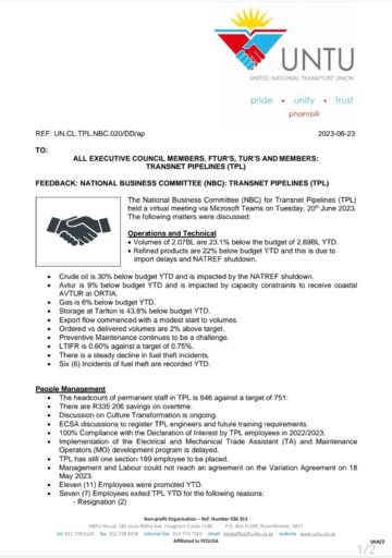 FEEDBACK: NATIONAL BUSINESS COMMITEE(NBC): TRANSNET PIPELINES(TPL)