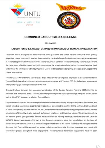 COMBINED LABOUR MEDIA RELEASE: LABOUR (UNTU&SATAWU) DEMAND TERMINATION OF TRANSNET PRIVATISATION
