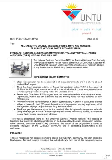 FEEDBACK: NATIONAL BUSINESS COMMITTEE (NBC): TRANSNET NATIONAL PORTS AUTHORITY(TNPA)