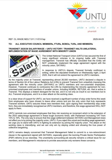 Transnet 2025/26 WAGE/SALARY UPDATE: UNTU VICTORY: TRANSNET STOPS UNILATERAL IMPLEMENTATION OF WAGE AGREEMENT SIGNED WITH MINORITY UNION