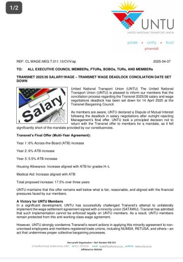 Transnet  2025/26 SALARY/WAGE- TRANSNET WAGE DEADLOCK CONCILIATION DATE SET DOWN