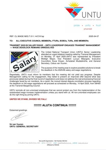 Transnet 2025/26 SALARY/WAGE UPDATE- UNTU ENGAGES TRANSNET MANAGEMENT: WAGE DEADLOCK REMAINS UNRESOLVED