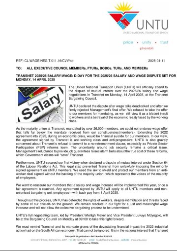 Transnet 2025/26 SALARY/WAGE: D-DAY FOR THE 2025/26 SALARY/WAGE DISPUTE SET DOWN FOR MONDAY, 14 APRIL 2025