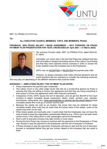 FEEDBACK: 2020 PRASA SALARY / WAGE AGREEMENT – WAY FORWARD ON PRASA PAYMENT PLAN PRESENTATION FOR YEAR 2 INCREASES (01 April 2021 – 31 March 2022)