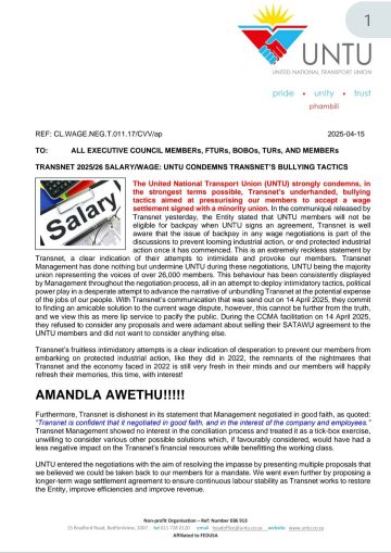 Transnet 2025/26 SALARY/WAGE: UNTU CONDEMNS TRANSNET’s BULLYING TACTICS
