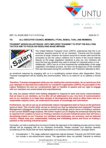 TRANSNET 2025/26 SALARY/WAGE: UNTU IMPLORES TRANSNET TO STOP BULLYING TACTICS AND TO FOCUS ON RESOLVING WAGE IMPASSE