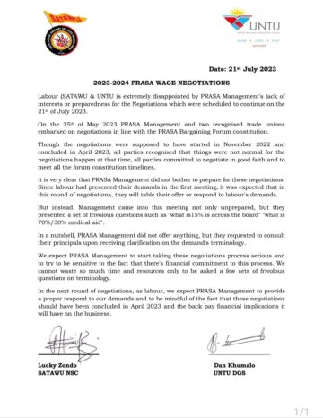 COMBINED LABOUR STATEMENT( UNTU AND SATAWU) 2023-2024 PRASA WAGE NEGOTIATIONS.