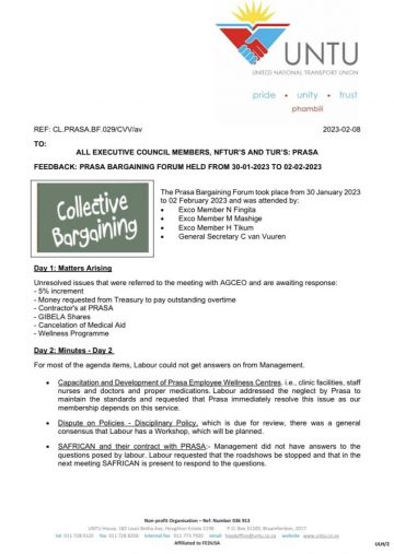 FEEDBACK: PRASA BARGAINING FORUM HELD FROM 30-01-2023 TO 02-02-2023