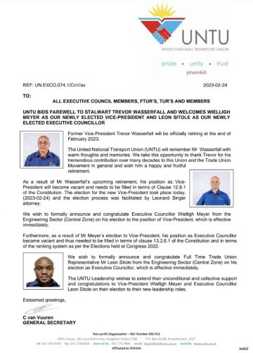 UNTU BIDS FAREWELL TO STALWART TREVOR WASSERFALL AND WELCOMES WIELLIGH MEYER AS OUR NEWLY ELECTED VICE-PRESIDENT AND LEON SITOLE AS OUR NEWLY ELECTED EXECUTIVE COUNCILLOR