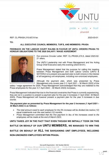 FEEDBACK ON THE LABOUR COURT RULING IN FAVOUR OF UNTU; ORDERS PRASA TO HONOUR OBLIGATIONS TO THE 2020 SALARY / WAGE SETTLEMENT AGREEMENT.