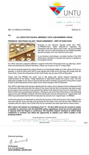 FEEDBACK: 2020 PRASA SALARY/WAGE AGREEMENT- WRIT OF EXECUTION