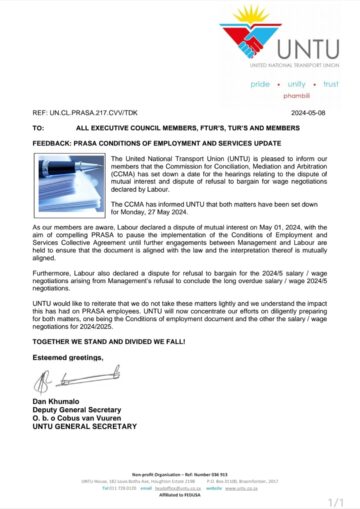 FEEDBACK: PRASA CONDITIONS OF EMPLOYMENT AND SERVICES UPDATE.