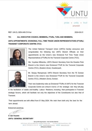 UNTU APPOINTMENTS: DIVISIONAL FULL-TIME TRADE UNION REPRESENTATIVES(FTURs): TRANSNET CORPORATE CENTRE( TCC).