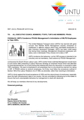 FEEDBACK: UNTU Condemns PRASA Management’s Intimidation of MLPS Employees To Take VSPs.