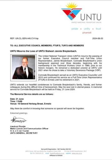 #UNTU Mourns the Loss of Union Stalwart Jannie Breytenbach.🕊