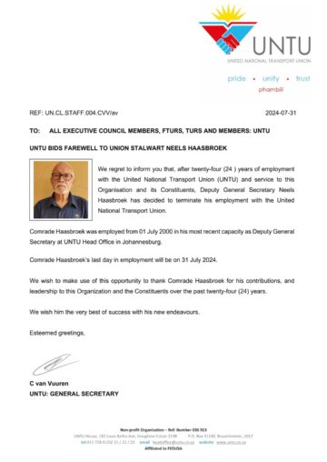 UNTU BIDS FAREWELL TO UNION STALWART NEELS HAASBROEK.