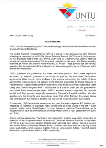 UNTU Calls For Transparency From Transnet Following Questionable Executive Payouts Amid Ongoing Financial Hardships.