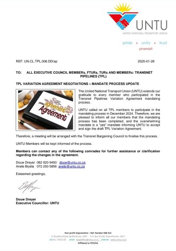 FEEDBACK: TRANSNET PIPELINES VARIATION AGREEMENT NEGOTIATIONS- MANDATE PROCESS UPDATE
