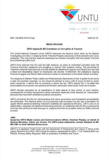 UNTU Applauds SIU Crackdown On Corruption at Transnet