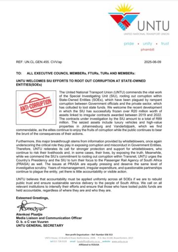 UNTU WELCOMES SIU EFFORTS TO ROOT OUT CORRUPTION AT STATE- OWNED ENTITIES(SOEs)