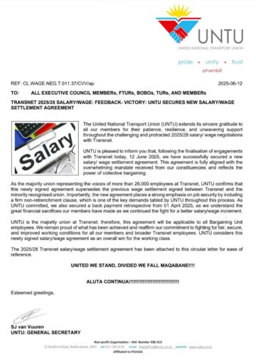 TRANSNET 2025/28 SALARY/WAGE: FEEBACK VICTORY: UNTU SECURES NEW SALARY/WAGE AGREEMENT