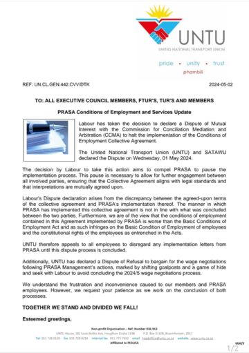 PRASA CONDITIONS OF EMPLOYMENT AND SERVICES UPDATE