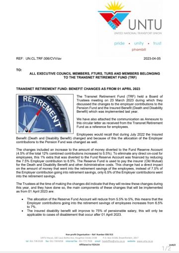 TRANSNET RETIREMENT FUND: BENEFIT CHANGES AS FROM 01 APRIL 2023