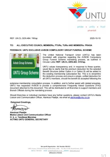 FEEDBACK: UNTU EXCLUSIVE AVBOB COMPULSORY GROUP FUNERAL SCHEME