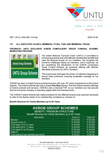FEEDBACK: UNTU EXCLUSIVE AVBOB COMPULSORY GROUP FUNERAL SCHEME MANDATING PROCESS