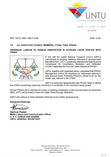 FEEDBACK: LABOUR TO PERSUE ARBITRATION IN ACCRUED LEAVE DISPUTE WITH PRASA