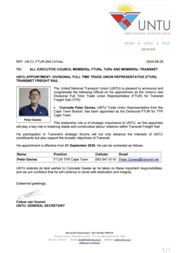 UNTU APPOINTMENT: DIVISIONAL FULL-TIME TRADE UNION REPRESENTATIVE(FTUR): TRANSNET FREIGHT RAIL