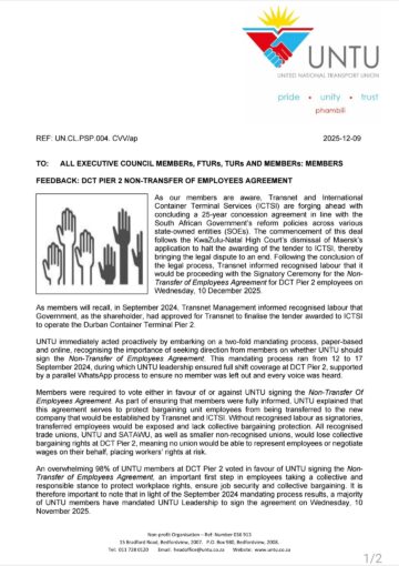 FEEDBACK: DCT PIER 2 NON-TRANSFER OF EMPLOYEES AGREEMENT