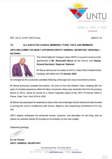 UNTU WELCOMES THE NEWLY APPOINTED DEPUTY GENERAL SECRETARY: REGIONAL /  NATIONAL
