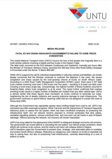 FATAL EC N10 CRASH HIGHLIGHTS GOVERNMENT’S FAILURE TO CURB TRUCK  CONGESTION