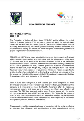 FEDUSA AND UNTU JOINT MEDIA STATEMENT: TRANSNET.