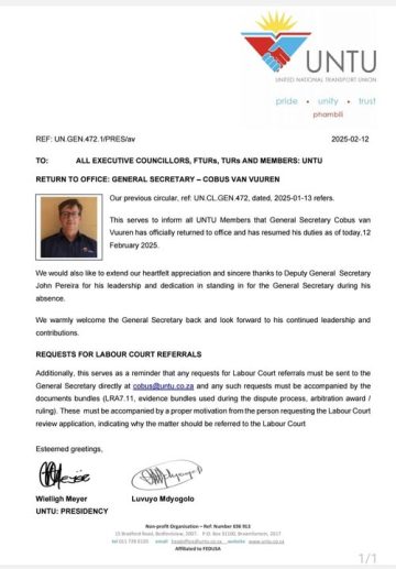 RETURN TO OFFICE: GENERAL SECRETARY – COBUS VAN VUUREN