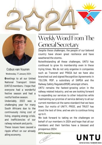#UNTUCARES: WEEKLY WORD FROM GENERAL SECRETARY COBUS VAN VUUREN