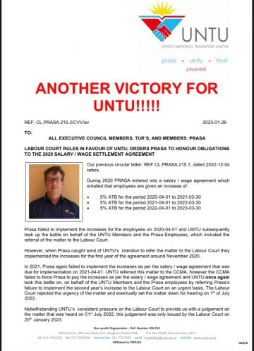 ANOTHER VICTORY FOR UNTU!!!!! LABOUR COURT RULES IN FAVOUR OF UNTU; ORDERS PRASA TO HONOUR OBLIGATIONS TO THE 2020 SALARY / WAGE SETTLEMENT AGREEMENT.