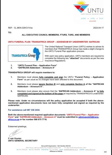 UNTU FUNERAL PLAN: TRANSAFRICA GROUP – ADDENDUM BY UNDERWRITER: SAFRICAN