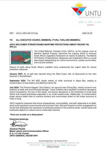 UNTU WELCOMES STRENGTHENED MARITIME PROJECTIONS AMID RECENT OIL SPILLS