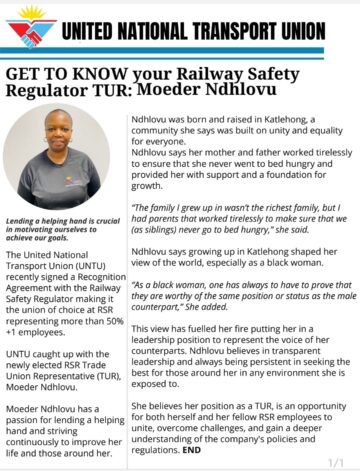 GET TO KNOW YOUR RAILWAY SAFETY REGULATOR TUR: MOEDER NDHLOVU. #UNTUCares.