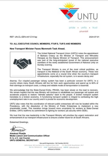 [UNTU STATEMENT] NEW TRANSPORT MINISTER FACES A MAMMOTH TASK AHEAD.