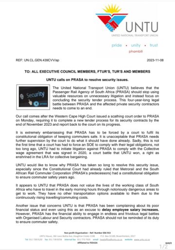 #UNTU CALLS ON PRASA TO RESOLVE SECURITY ISSUES.