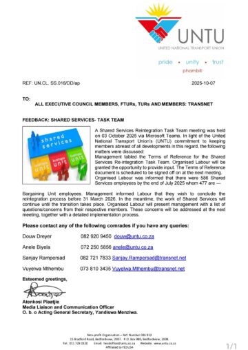 FEEDBACK: SHARED SERVICES-TASK TEAM