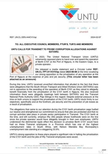 UNTU CALLS FOR TRANSNET TO PROBE CORRUPTION ALLEGATIONS AGAINST SATAWU.