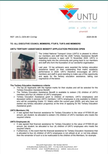 UNTU TERTIARY ASSISTANCE BENEFIT APPLICATIONS: OPEN