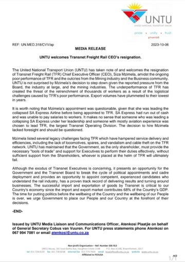 UNTU WELCOMES TRANSNET FREIGHT RAIL CEO’s RESIGNATION.