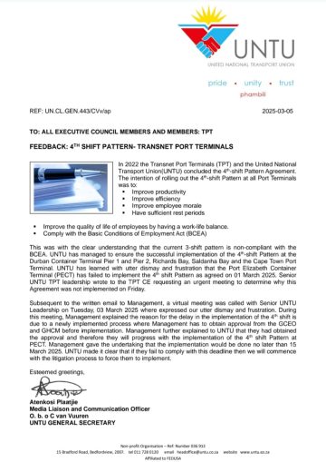 FEEBACK: 4th SHIFT PATTERN-TRANSNET PORT TERMINALS