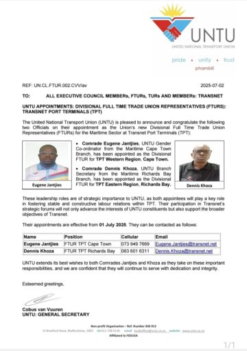 UNTU APPOINTMENTS: DIVISIONAL FULL-TIME TRADE UNION REPRESENTATIVES(FTURs) TRANSNET PORT TERMINALS(TPT)